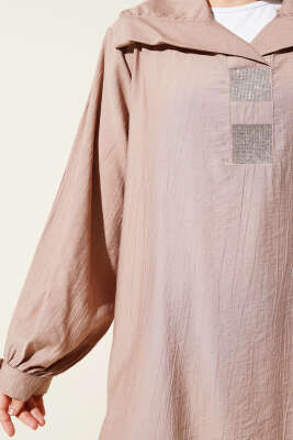 Önü Taşlı Oversize Tunik Vizon - Tunik