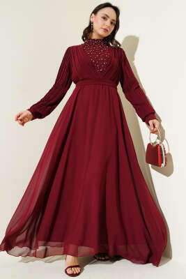 Önü Taşlı Pileli Şifon Elbise Bordo - ALGI