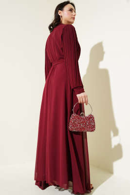 Önü Taşlı Pileli Şifon Elbise Bordo - Tesettür Elbise