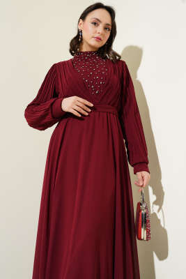 Önü Taşlı Pileli Şifon Elbise Bordo - Tesettür Elbise