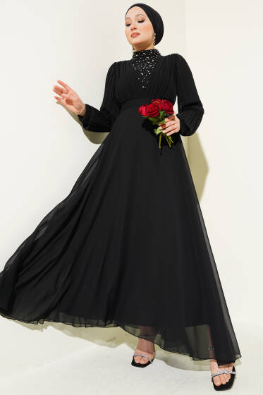 Önü Taşlı Pileli Şifon Elbise Siyah - Tesettür Elbise