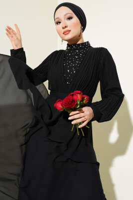 Önü Taşlı Pileli Şifon Elbise Siyah - Tesettür Elbise