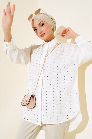 Önü Taşlı Salaş Gömlek Ekru - Gömlek