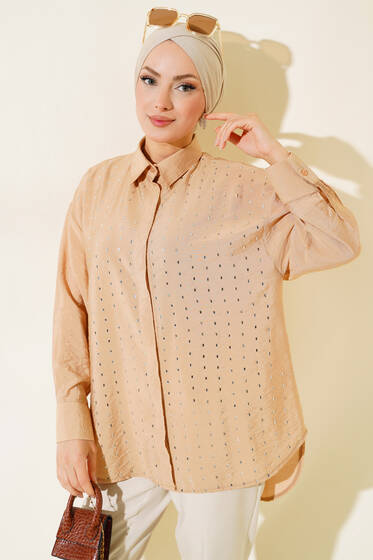 Önü Taşlı Salaş Gömlek Latte - Gömlek