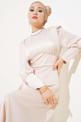 Önü Taşlı Saten Abiye Elbise Bej - Tesettür Elbise