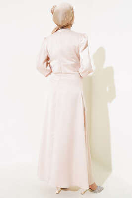 Önü Taşlı Saten Abiye Elbise Bej - Tesettür Elbise