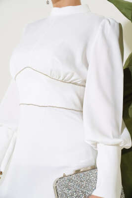 Önü Taşlı Saten Abiye Elbise Ekru - Tesettür Elbise