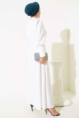 Önü Taşlı Saten Abiye Elbise Ekru - Tesettür Elbise