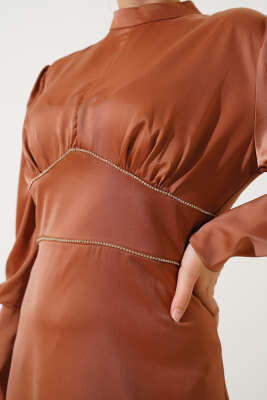 Önü Taşlı Saten Abiye Elbise Kiremit - Tesettür Elbise