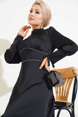 Önü Taşlı Saten Abiye Elbise Siyah - Tesettür Elbise