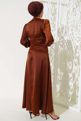 Önü Taşlı Saten Abiye Elbise Taba - Tesettür Elbise