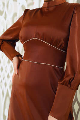 Önü Taşlı Saten Abiye Elbise Taba - Tesettür Elbise