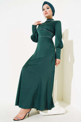 Önü Taşlı Saten Abiye Elbise Zümrüt Yeşili - HEWES
