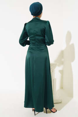 Önü Taşlı Saten Abiye Elbise Zümrüt Yeşili - Tesettür Elbise