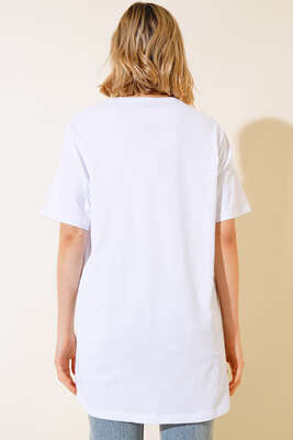 Önü Taşlı T-shirt Beyaz - Thumbnail