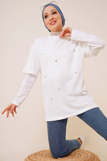 Önü Taşlı Tshirt Beyaz - Tesettür T-shirt