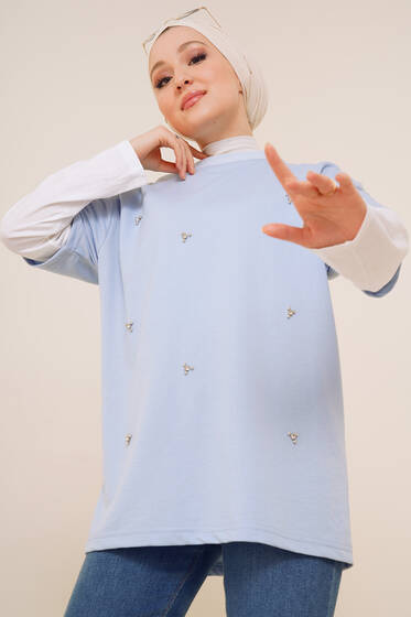 Önü Taşlı Tshirt Buz Mavisi - Tesettür T-shirt