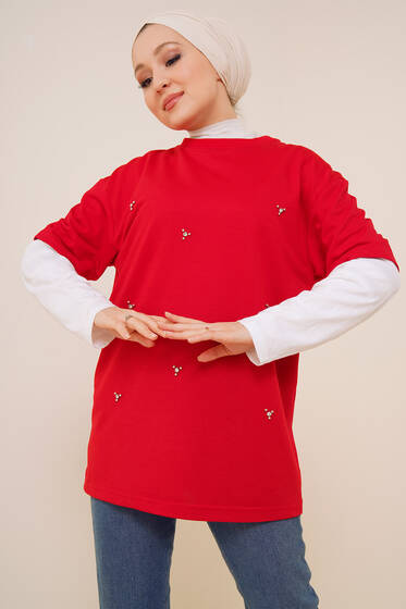 Önü Taşlı Tshirt Kırmızı - Tesettür T-shirt