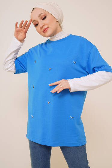 Önü Taşlı Tshirt Mavi - Tesettür T-shirt