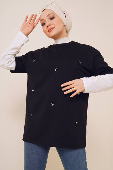 Önü Taşlı Tshirt Siyah - Tesettür T-shirt