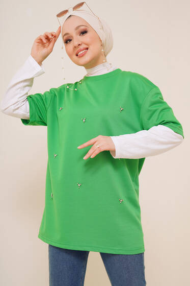 Önü Taşlı Tshirt Yeşil - Tesettür T-shirt