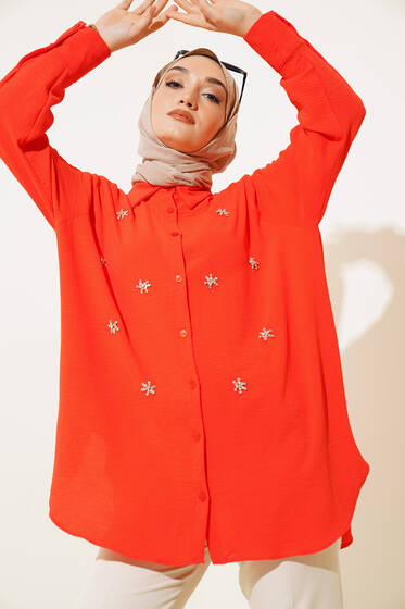 Önü Taşlı Yırtmaçlı Gömlek Alizarin - Gömlek