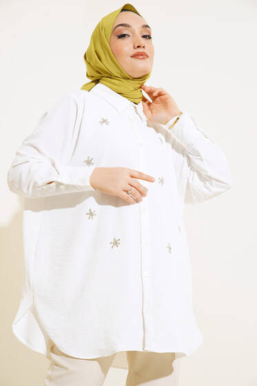 Önü Taşlı Yırtmaçlı Gömlek Ekru - Gömlek