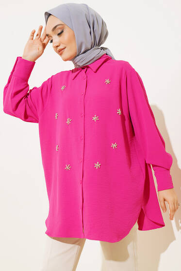 Önü Taşlı Yırtmaçlı Gömlek Fusya - Gömlek