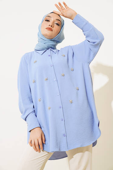 Önü Taşlı Yırtmaçlı Gömlek Mavi - Gömlek