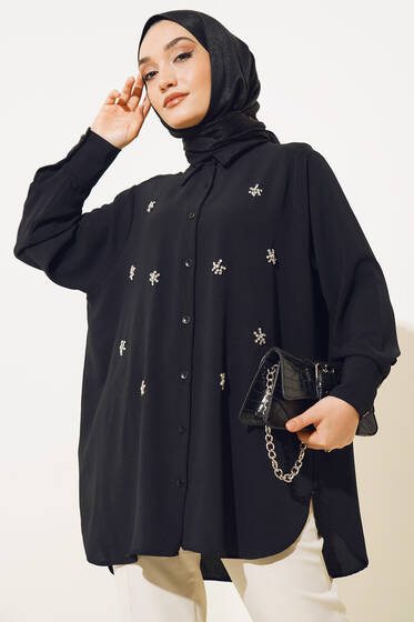 Önü Taşlı Yırtmaçlı Gömlek Siyah - Gömlek