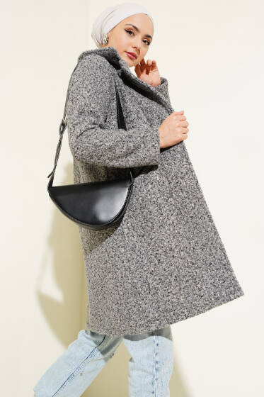 Önü Tek Düğmeli Buklet Kaban Melanj Gri - Kaban