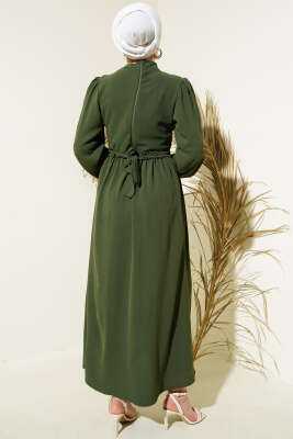 Önü Tül Çiçekli Kuşaklı Elbise Haki - Tesettür Elbise
