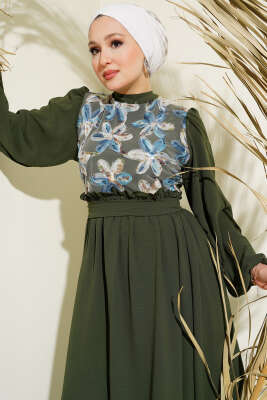 Önü Tül Çiçekli Kuşaklı Elbise Haki - Tesettür Elbise