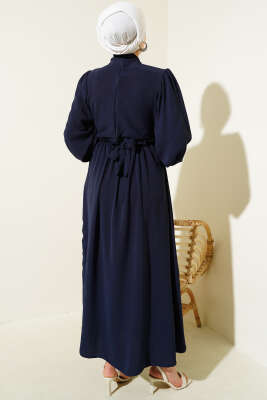 Önü Tül Çiçekli Kuşaklı Elbise Lacivert - Tesettür Elbise