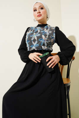 Önü Tül Çiçekli Kuşaklı Elbise Siyah - Tesettür Elbise