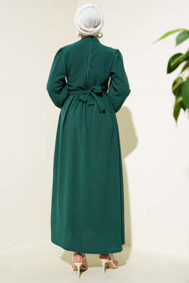 Önü Tül Çiçekli Kuşaklı Elbise Zümrüt - Tesettür Elbise