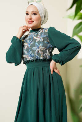 Önü Tül Çiçekli Kuşaklı Elbise Zümrüt - Tesettür Elbise