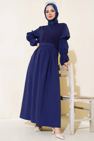 Önü Tül Detaylı Elbise Lacivert - Elbise