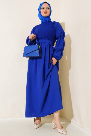 Önü Tül Detaylı Elbise Saks - Elbise