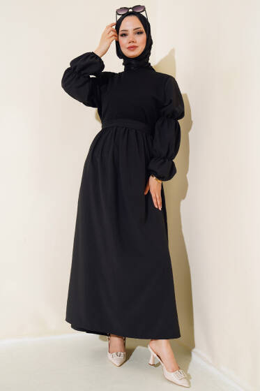 Önü Tül Detaylı Elbise Siyah - Elbise
