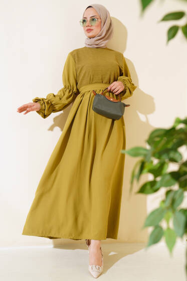 Önü Tül Detaylı Elbise Yağ Yeşili - Elbise