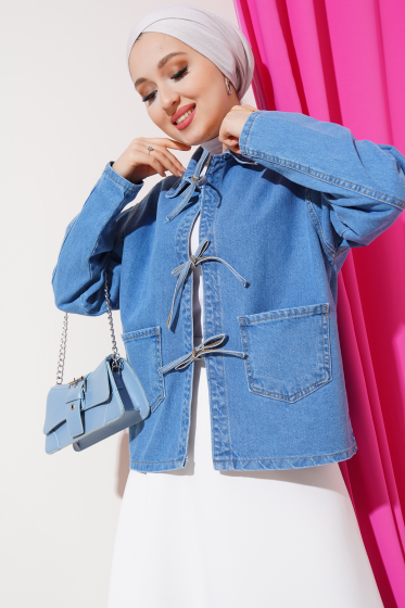 Önü Üç Bağlamalı Kot Ceket Açık Mavi - Ceket