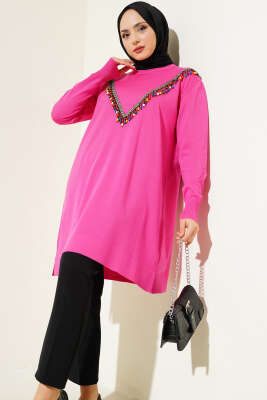 Önü V Boncuklu Triko Tunik Fuşya 