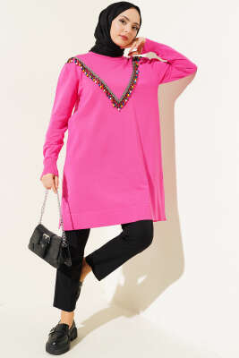 Önü V Boncuklu Triko Tunik Fuşya - Triko Tunik