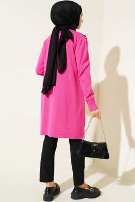 Önü V Boncuklu Triko Tunik Fuşya - Triko Tunik