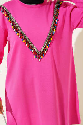 Önü V Boncuklu Triko Tunik Fuşya - Triko Tunik