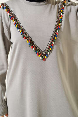 Önü V Boncuklu Triko Tunik Gri - Triko Tunik