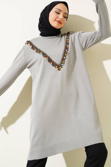 Önü V Boncuklu Triko Tunik Gri - Tunik