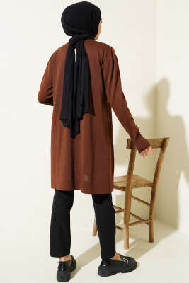 Önü V Boncuklu Triko Tunik Kahve - Triko Tunik