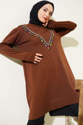 Önü V Boncuklu Triko Tunik Kahve 